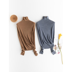 VIA可機洗48支美麗諾澳毛延伸領手指套無縫一體全羊毛打底衫多色