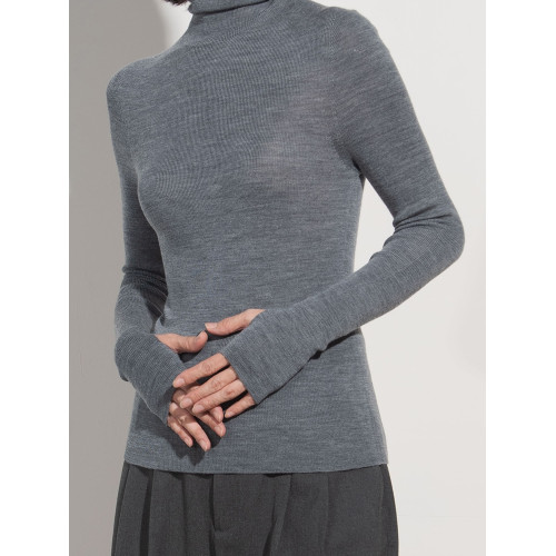 VIA可機洗48支美麗諾澳毛延伸領手指套無縫一體全羊毛打底衫多色