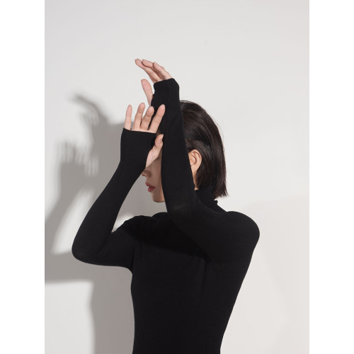 VIA可機洗48支美麗諾澳毛延伸領手指套無縫一體全羊毛打底衫多色