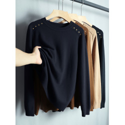 2025春季新款羊毛圓領長袖針織衫毛衣女寬松顯瘦上衣純色打底衫