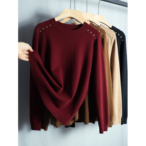 2025春季新款羊毛圓領長袖針織衫毛衣女寬松顯瘦上衣純色打底衫