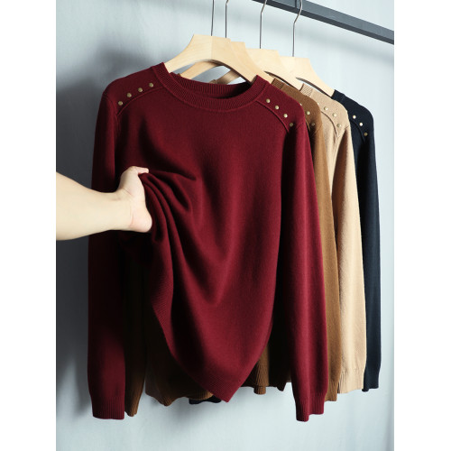 2025春季新款羊毛圓領長袖針織衫毛衣女寬松顯瘦上衣純色打底衫