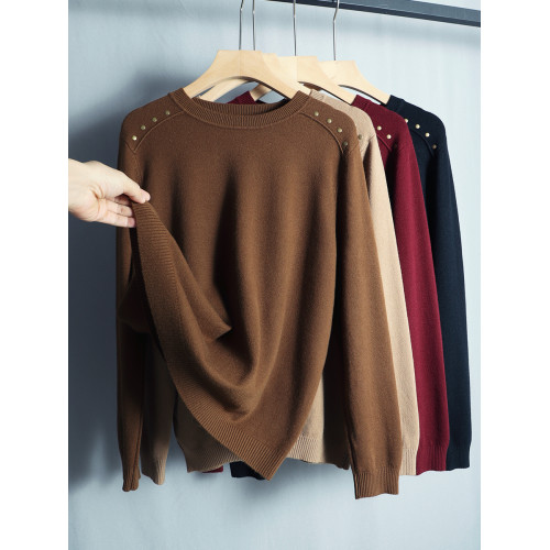 2025春季新款羊毛圓領長袖針織衫毛衣女寬松顯瘦上衣純色打底衫