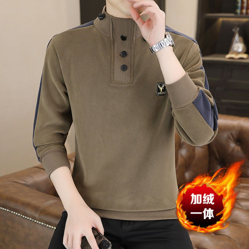 刺綉拼接衛衣男士秋冬2025新款加厚奧粒絨立領長袖打底衫保暖上衣