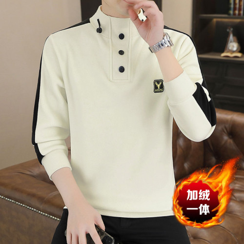 刺綉拼接衛衣男士秋冬2025新款加厚奧粒絨立領長袖打底衫保暖上衣