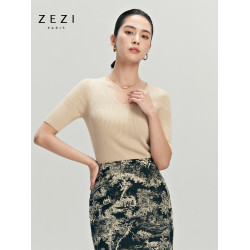 zezi半袖V領T恤棉亞麻針織衫純色通勤打底衫女套頭修身通勤內搭