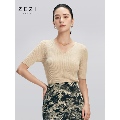 zezi半袖V領T恤棉亞麻針織衫純色通勤打底衫女套頭修身通勤內搭