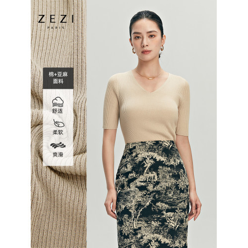 zezi半袖V領T恤棉亞麻針織衫純色通勤打底衫女套頭修身通勤內搭