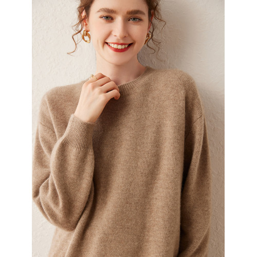 2024秋冬新款圓領加厚山羊絨衫女毛衣寬松大碼打底衫女純色