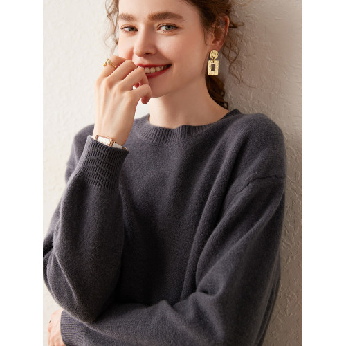 2024秋冬新款圓領加厚山羊絨衫女毛衣寬松大碼打底衫女純色