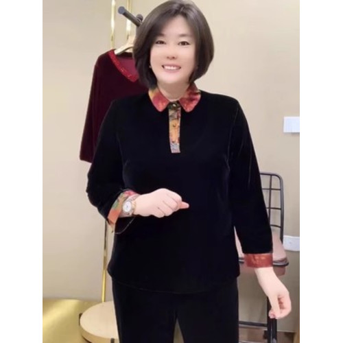 絲絨上衣秋季新款媽媽裝V領燙鑽時尚大碼寬松顯瘦打底衫高檔小衫