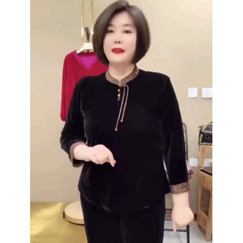 絲絨上衣秋季新款媽媽裝V領燙鑽時尚大碼寬松顯瘦打底衫高檔小衫