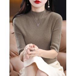 半高領五分袖打底衫女修身顯瘦中袖配西裝內搭春秋新款半袖針織衫