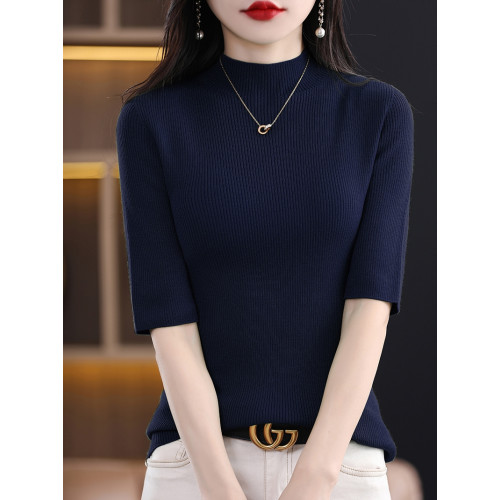 半高領五分袖打底衫女修身顯瘦中袖配西裝內搭春秋新款半袖針織衫