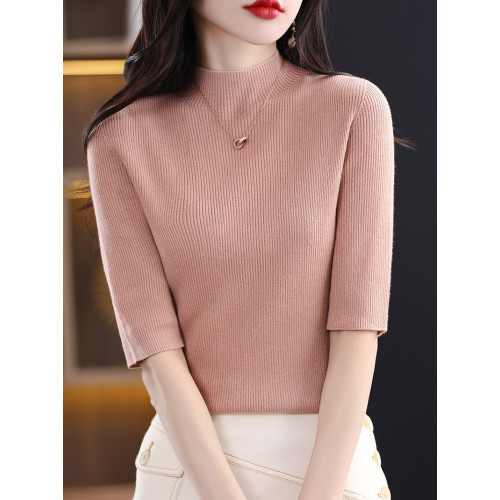 半高領五分袖打底衫女修身顯瘦中袖配西裝內搭春秋新款半袖針織衫