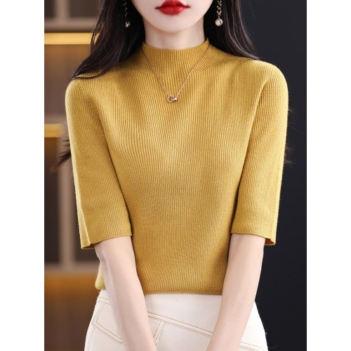 半高領五分袖打底衫女修身顯瘦中袖配西裝內搭春秋新款半袖針織衫