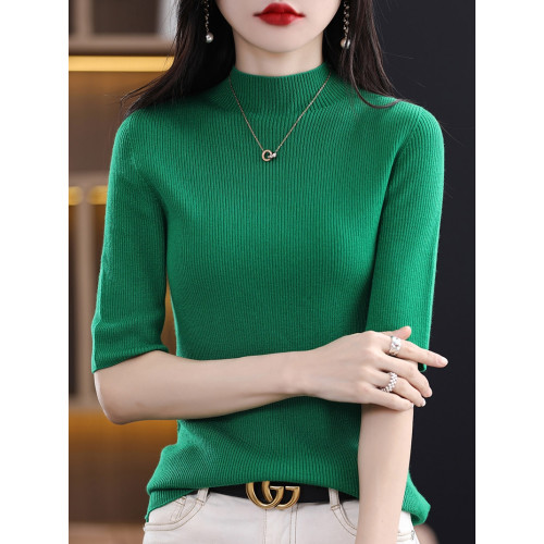 半高領五分袖打底衫女修身顯瘦中袖配西裝內搭春秋新款半袖針織衫