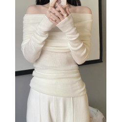 2025春秋新款法式一字肩針織衫女性感緊身上衣茶系氣質露肩打底衫