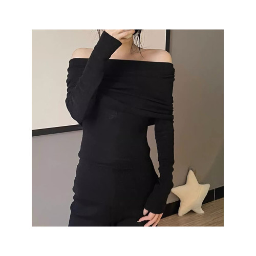 2025春秋新款法式一字肩針織衫女性感緊身上衣茶系氣質露肩打底衫