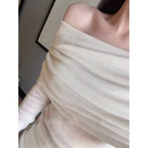 2025春秋新款法式一字肩針織衫女性感緊身上衣茶系氣質露肩打底衫