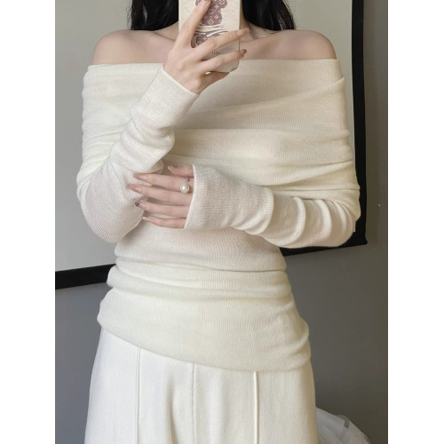 2025春秋新款法式一字肩針織衫女性感緊身上衣茶系氣質露肩打底衫