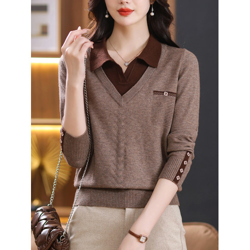 春裝2025新款毛衣假兩件襯衫領針織衫時尚百搭顯瘦上衣春秋打底衫