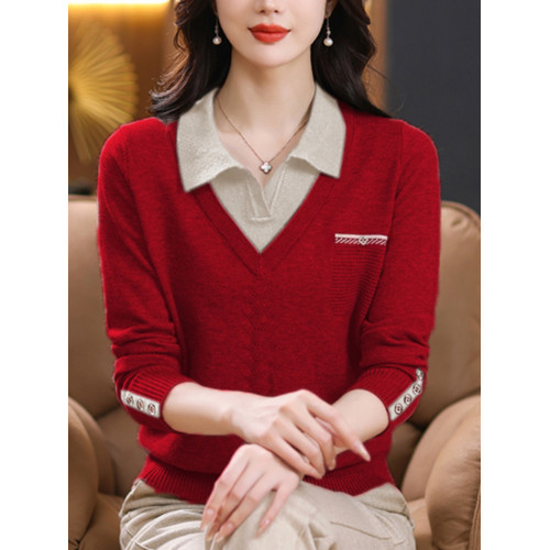 春裝2025新款毛衣假兩件襯衫領針織衫時尚百搭顯瘦上衣春秋打底衫