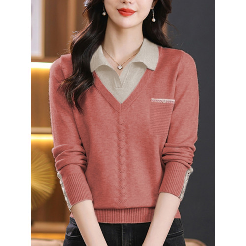 春裝2025新款毛衣假兩件襯衫領針織衫時尚百搭顯瘦上衣春秋打底衫