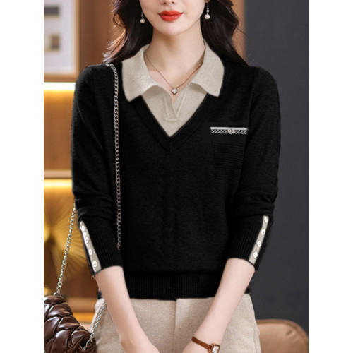 春裝2025新款毛衣假兩件襯衫領針織衫時尚百搭顯瘦上衣春秋打底衫