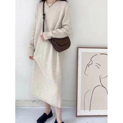 秋冬羊絨衫女圓領中長款毛衣連衣裙長袖純色套頭羊毛針織打底衫