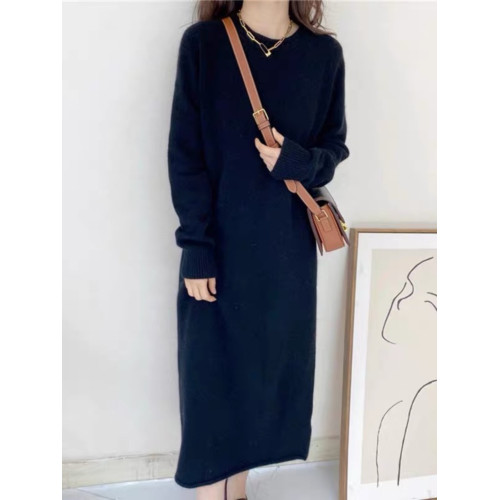 秋冬羊絨衫女圓領中長款毛衣連衣裙長袖純色套頭羊毛針織打底衫