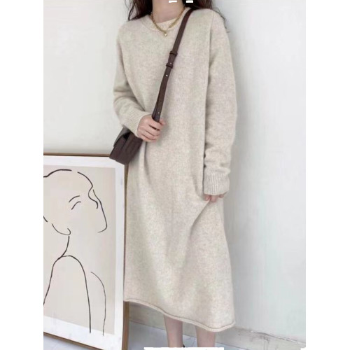 秋冬羊絨衫女圓領中長款毛衣連衣裙長袖純色套頭羊毛針織打底衫