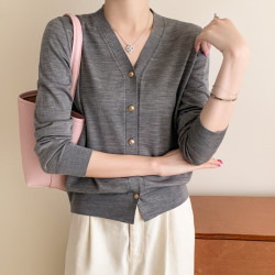 可機洗精紡純羊毛開衫外套女針織打底衫V領顯瘦24年新款百搭毛衣