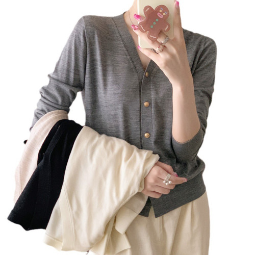 可機洗精紡純羊毛開衫外套女針織打底衫V領顯瘦24年新款百搭毛衣