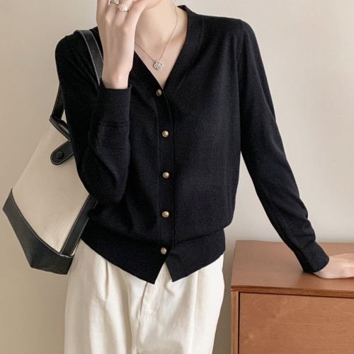 可機洗精紡純羊毛開衫外套女針織打底衫V領顯瘦24年新款百搭毛衣