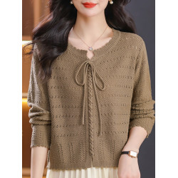 初春上衣女鏤空針織衫2024新款春季女裝系帶低領薄毛衣打底衫春秋