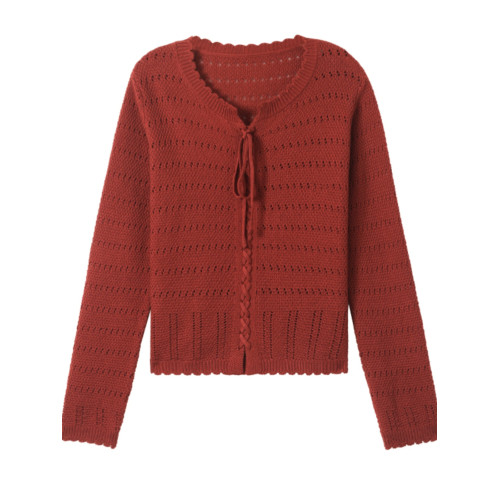 初春上衣女鏤空針織衫2024新款春季女裝系帶低領薄毛衣打底衫春秋