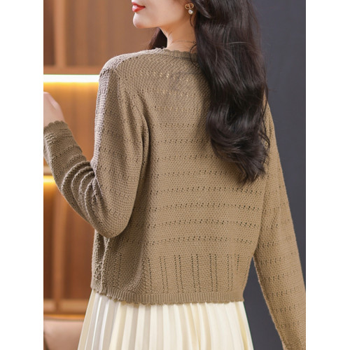 初春上衣女鏤空針織衫2024新款春季女裝系帶低領薄毛衣打底衫春秋