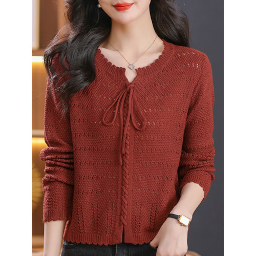 初春上衣女鏤空針織衫2024新款春季女裝系帶低領薄毛衣打底衫春秋