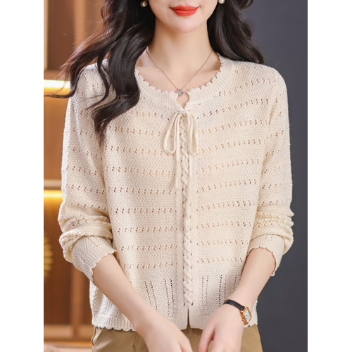 初春上衣女鏤空針織衫2024新款春季女裝系帶低領薄毛衣打底衫春秋