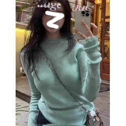 2025春秋新款圓領長袖針織衫女法式高級感薄款修身純色內搭打底衫