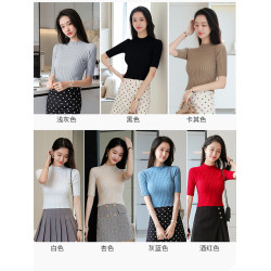 中領薄款針織衫女五分袖秋季小個子上衣短款高腰內搭半高領打底衫