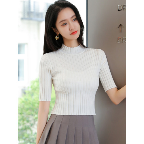 中領薄款針織衫女五分袖秋季小個子上衣短款高腰內搭半高領打底衫