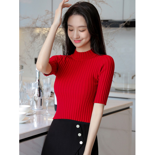 中領薄款針織衫女五分袖秋季小個子上衣短款高腰內搭半高領打底衫