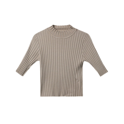 中領薄款針織衫女五分袖秋季小個子上衣短款高腰內搭半高領打底衫