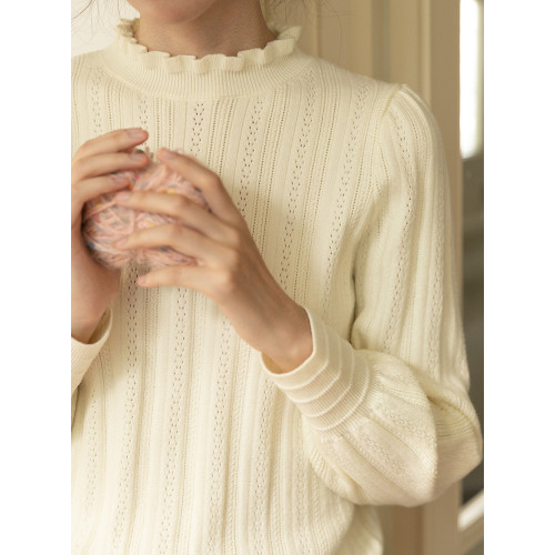 23AW 米白色花邊領針織毛衣打底衫女冬季復古內搭慵懶風上衣