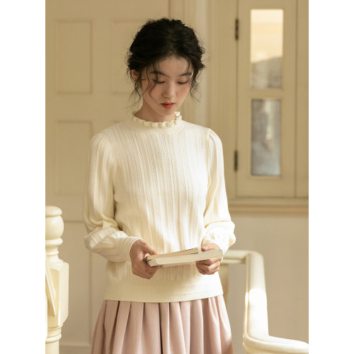 23AW 米白色花邊領針織毛衣打底衫女冬季復古內搭慵懶風上衣