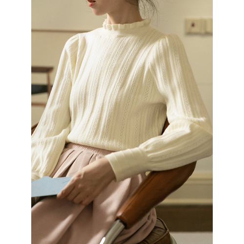 23AW 米白色花邊領針織毛衣打底衫女冬季復古內搭慵懶風上衣