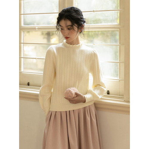 23AW 米白色花邊領針織毛衣打底衫女冬季復古內搭慵懶風上衣