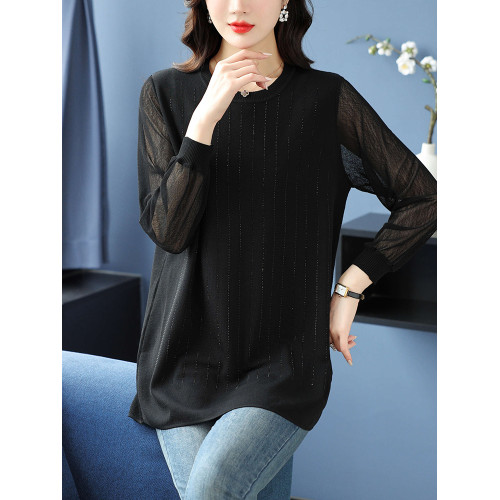 大碼女裝薄款中長款針織衫春秋冰絲打底衫胖mm200斤寬松顯瘦上衣